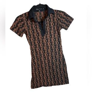 Motel Black and Brown floral pattern skater dress polo button down minidress XS